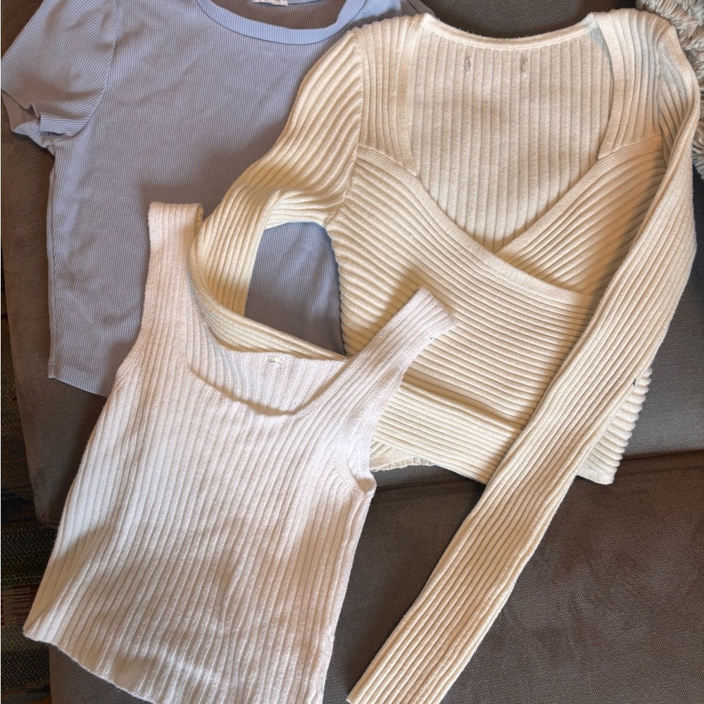 Ribbed Ivory Knit Set with Light Blue Tee